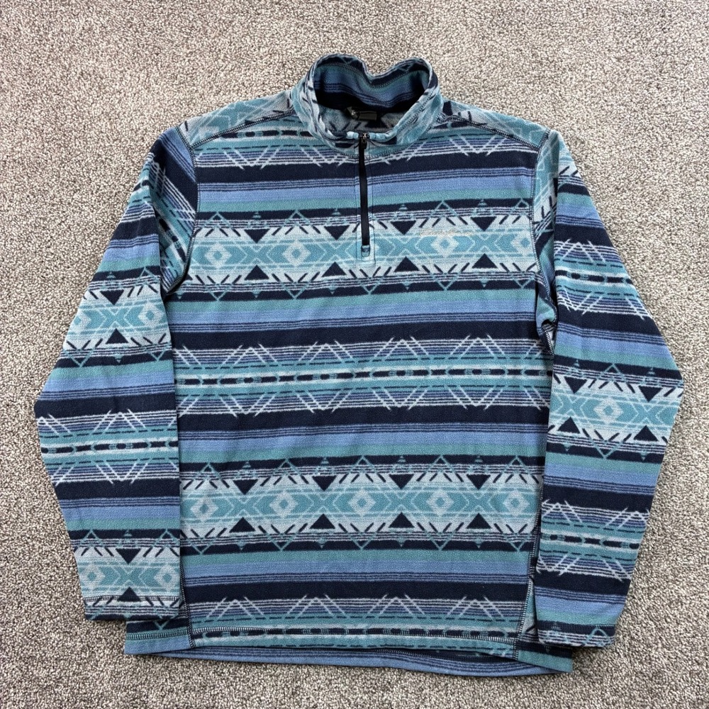 Eddie Bauer Fleece Pullover Mens Medium Blue Aztec Geometric 1/4 Zip Sweater